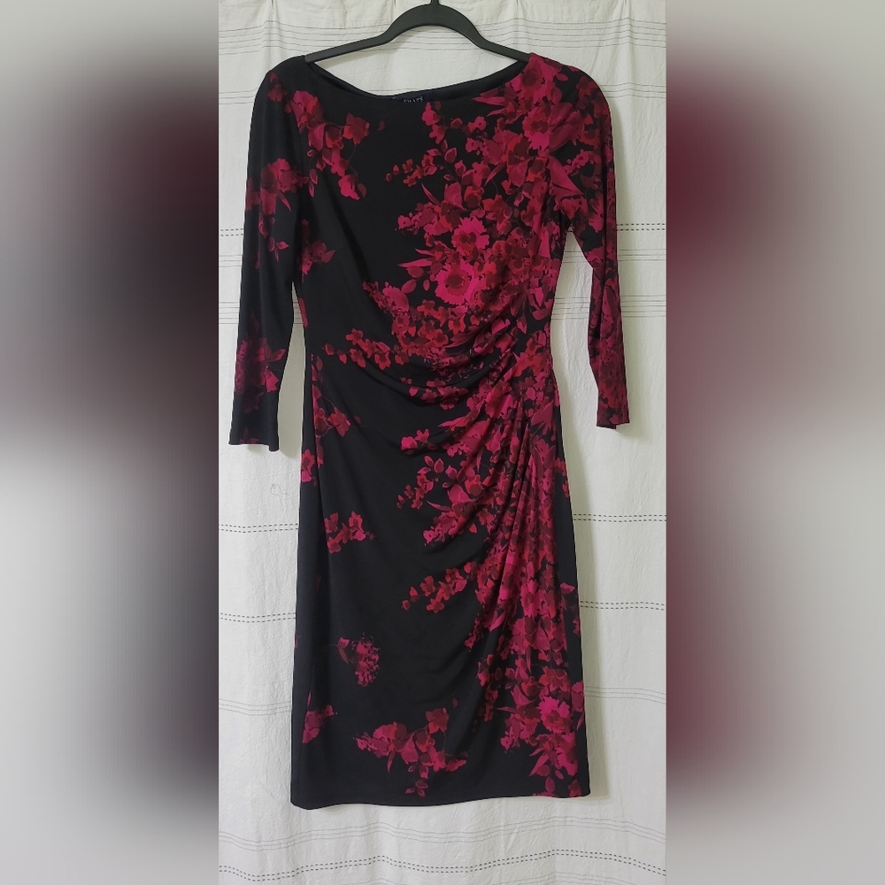 CHAPS black flower dress3/4 sleeves Size Small EUC